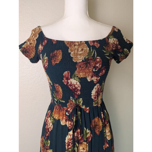 Xhileration Smocked Off The Shoulder Floral Green Maxi Dress Women S Bloomcore - Picture 3 of 12